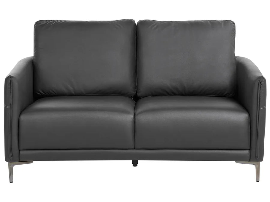 A modern two-seater loveseat sofa upholstered in dark charcoal gray leather, featuring slim metallic legs, shown against a plain white background.