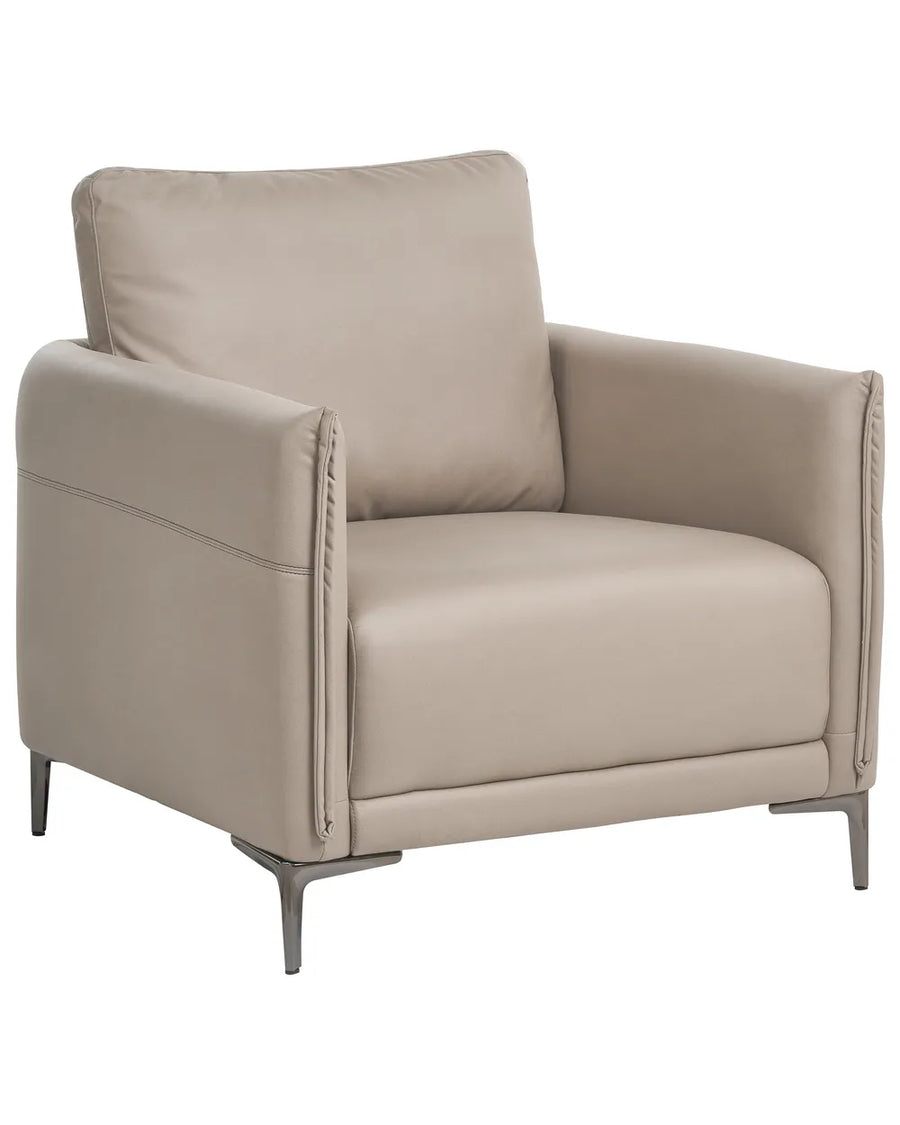 A modern beige leather armchair with a high backrest, padded armrests, and slim dark metal legs, shown against a plain white background.