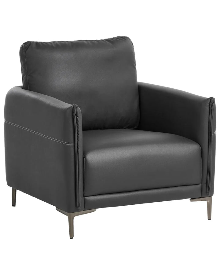 A modern black leather armchair with a square backrest, wide armrests, and tapered metal legs, shown against a plain white background.