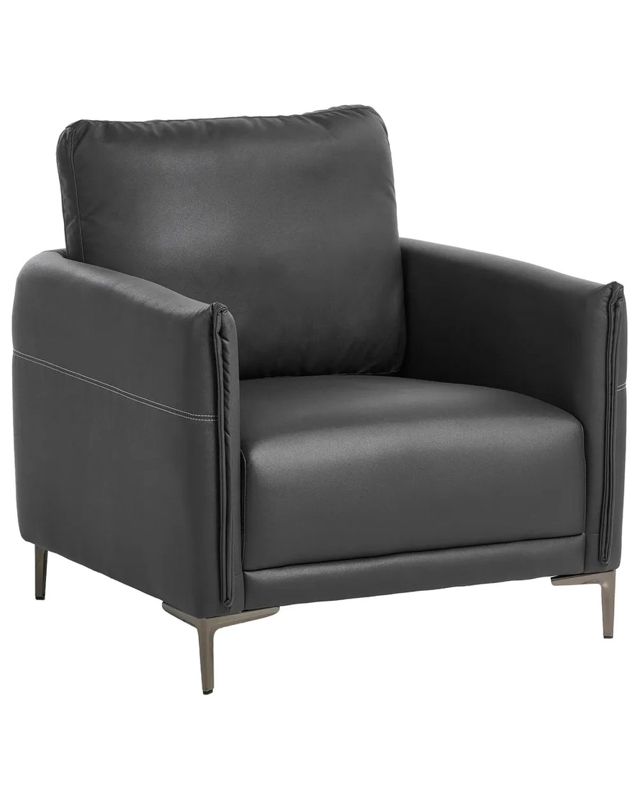 A modern black leather armchair with a square backrest, wide armrests, and tapered metal legs, shown against a plain white background.
