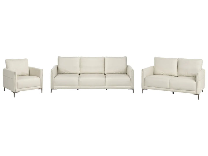A three-piece modern living room furniture set in off-white leather, including a three-seat sofa, a two-seat sofa, and an armchair, shown against a plain white background.