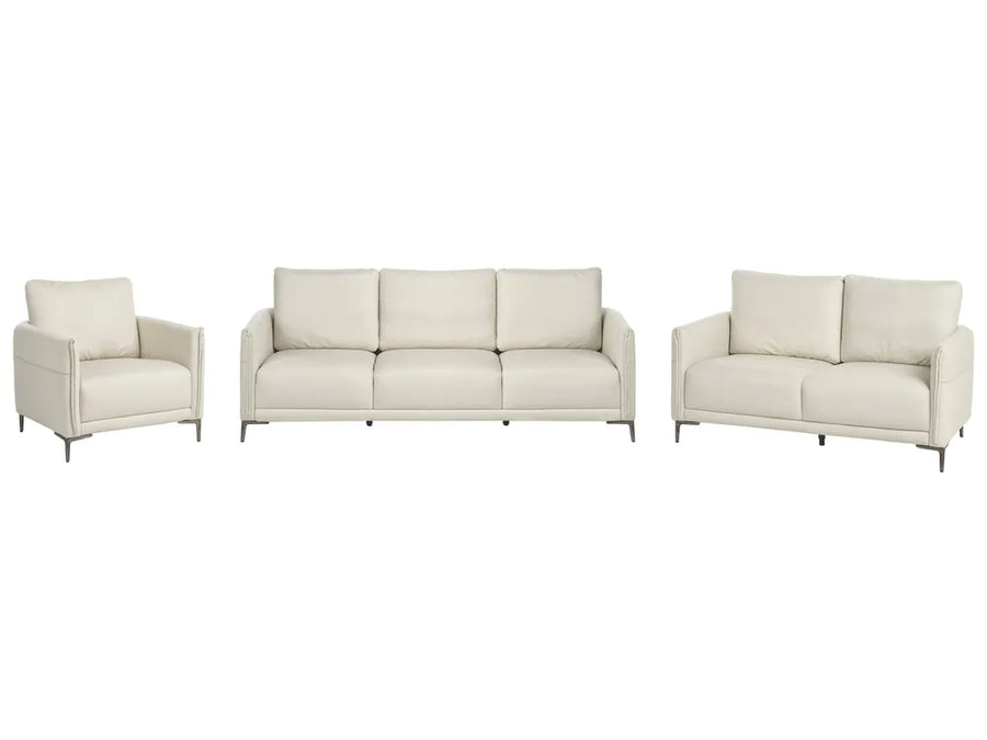 A three-piece modern living room furniture set in off-white leather, including a three-seat sofa, a two-seat sofa, and an armchair, shown against a plain white background.