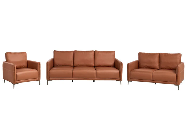A three-piece modern leather furniture set in a warm cognac brown, including a three-seat sofa, a two-seat loveseat, and a single armchair, all shown against a plain white background.