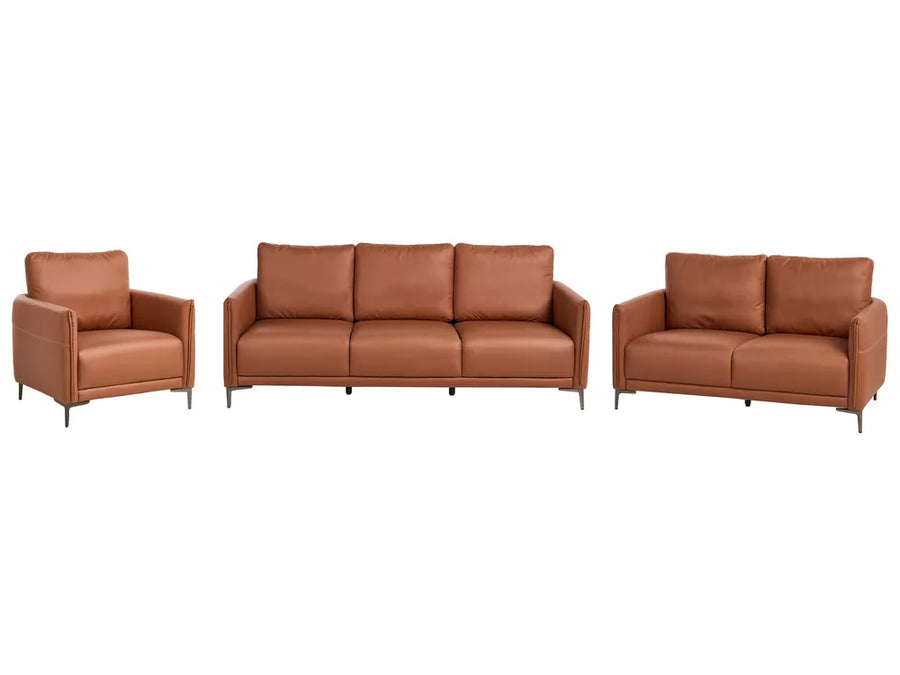 A three-piece modern leather furniture set in a warm cognac brown, including a three-seat sofa, a two-seat loveseat, and a single armchair, all shown against a plain white background.