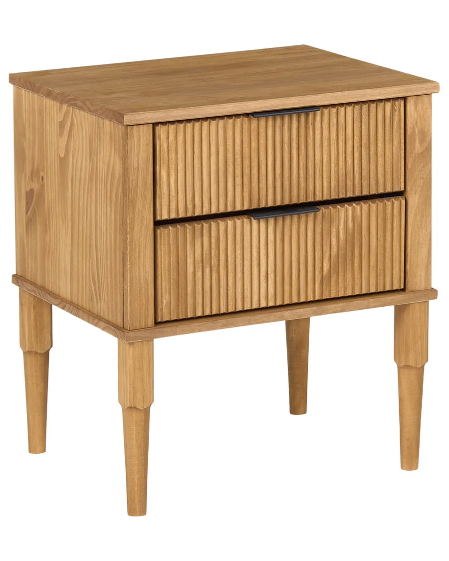 A mid-century modern wooden nightstand with two drawers featuring vertical fluted fronts and tapered legs, shown on a solid white background.