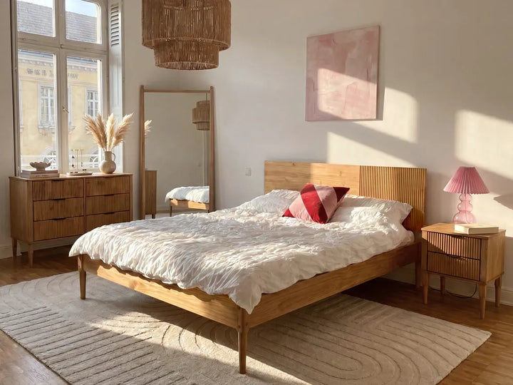 A mid-century modern wooden bed frame with a slatted headboard, styled in a bright bedroom with white bedding, a pink accent pillow, a matching wooden nightstand, and a pink lamp.