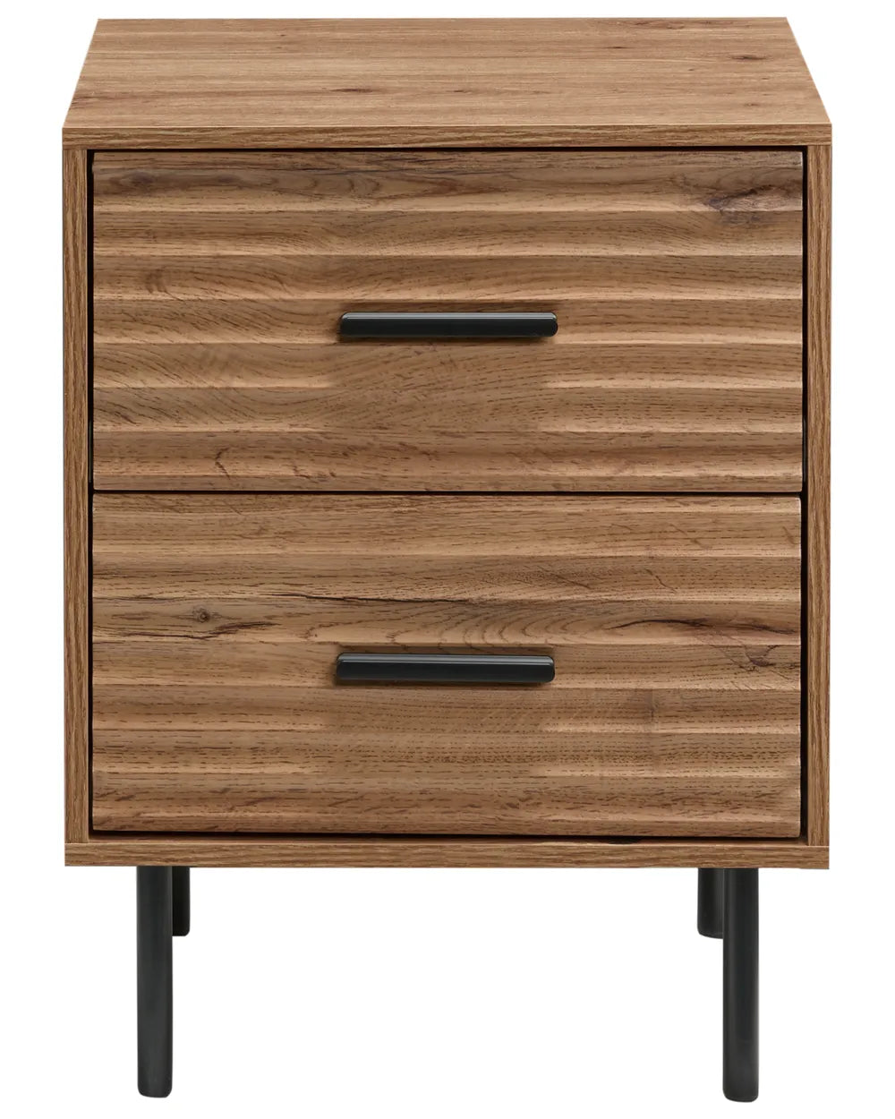 A two-drawer nightstand with a medium brown wood grain finish, featuring black metal bar handles and black tapered legs, shown against a plain white background.