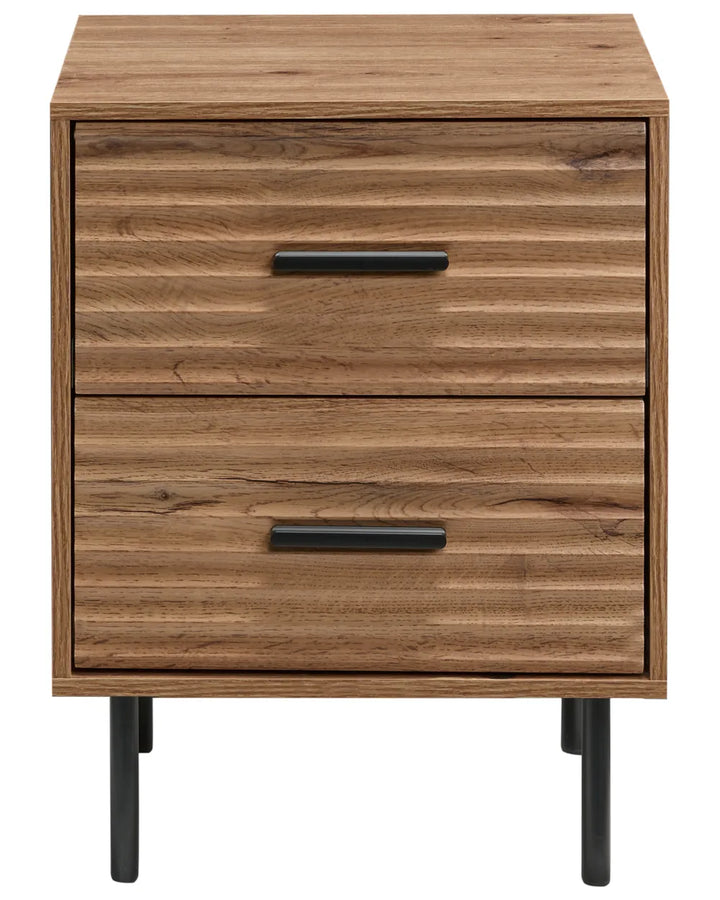 A two-drawer nightstand with a medium brown wood grain finish, featuring black metal bar handles and black tapered legs, shown against a plain white background.
