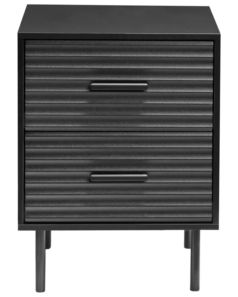 A modern two-drawer nightstand with a black finish, featuring textured horizontal ribbed drawer fronts and slim horizontal handles, supported by four tapered legs.
