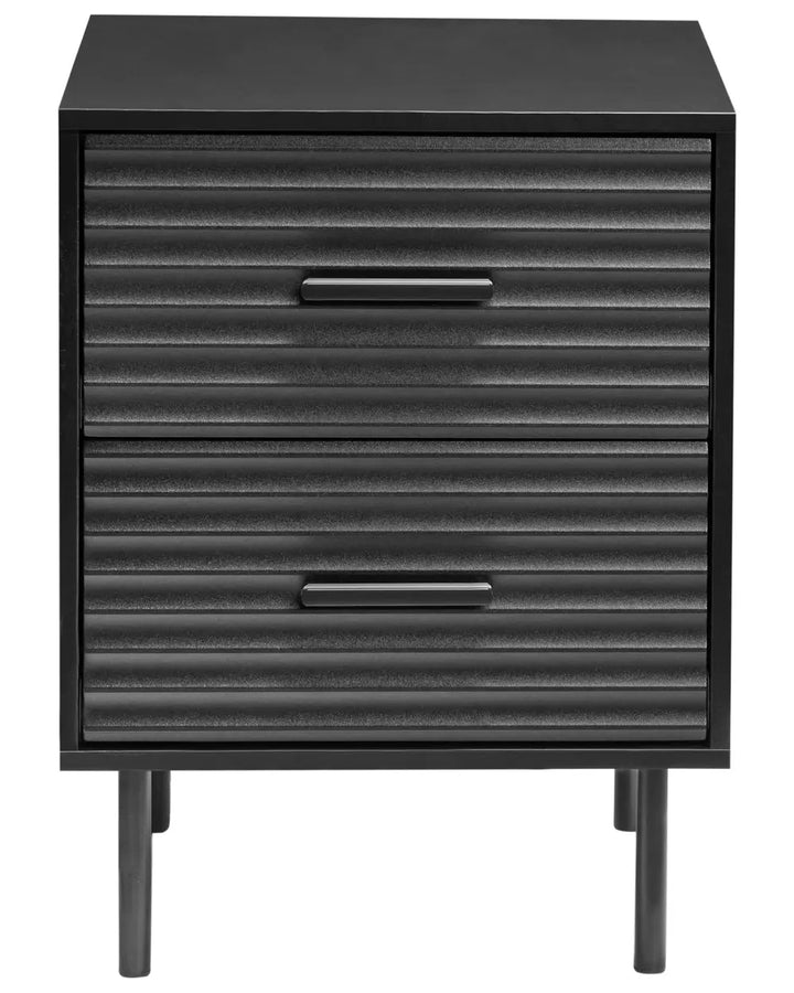 A modern two-drawer nightstand with a black finish, featuring textured horizontal ribbed drawer fronts and slim horizontal handles, supported by four tapered legs.