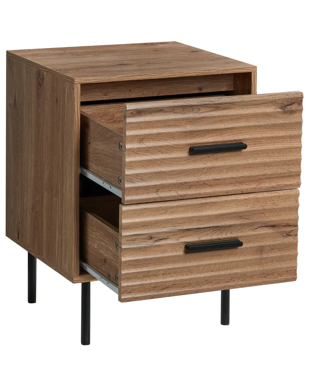 A two-drawer wooden nightstand with a warm medium-brown wood grain finish, featuring textured horizontal drawer fronts, black metal handles, and slim black legs, shown with both top and lower drawers open.