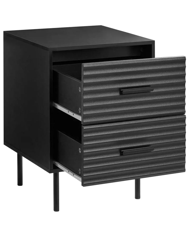 A modern black nightstand with two partially pulled-out drawers featuring a ribbed front design and slim black handles, shown on a plain white background.