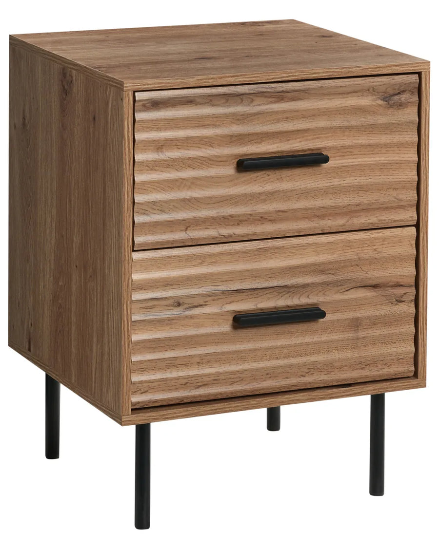 A two-drawer nightstand with a medium brown wood grain finish, featuring black metal bar handles and slim black legs, shown on a plain white background.
