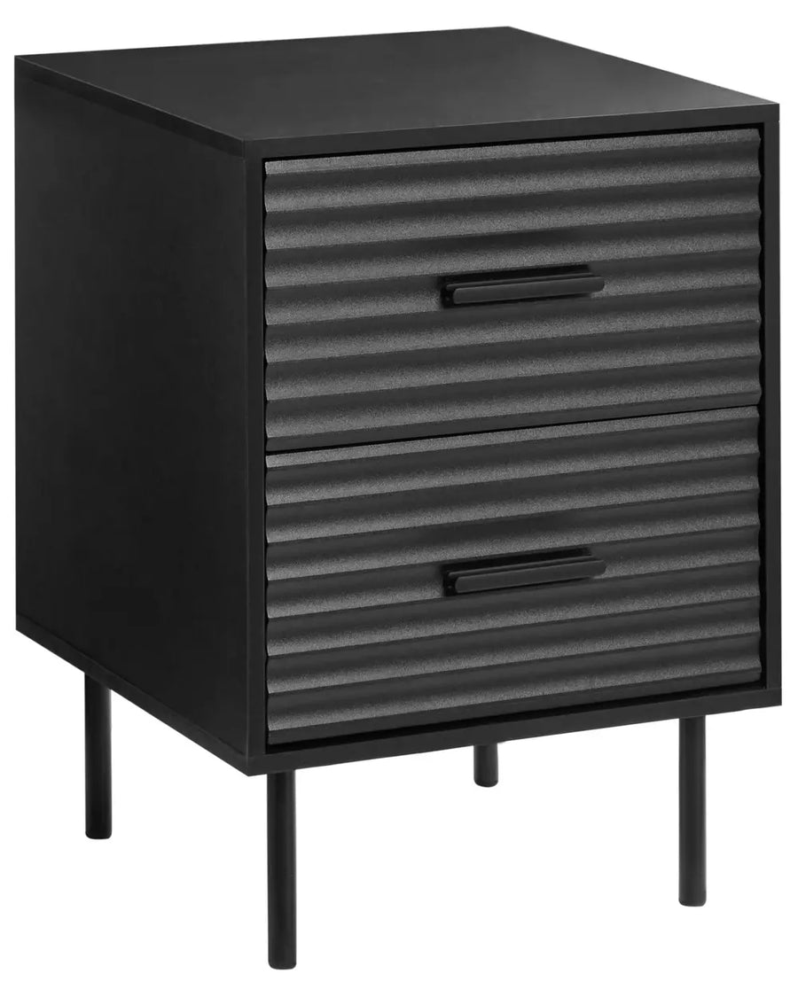 A modern black two-drawer nightstand with a ribbed front design and slim metal legs, shown on a plain white background.