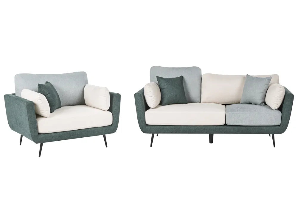 A modern two-piece living room furniture set consisting of a loveseat and a three-seater sofa, upholstered in a muted sage green fabric with cream and light blue-gray cushions, shown against a plain white background.