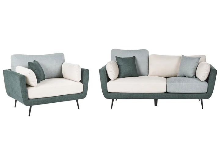 A modern two-piece living room furniture set consisting of a loveseat and a three-seater sofa, upholstered in a muted sage green fabric with cream and light blue-gray cushions, shown against a plain white background.