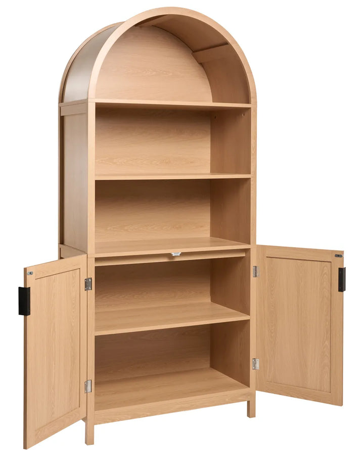 A tall light oak wood bookcase with an arched top, three interior shelves, a center pull, and two doors shown open on either side, photographed on a plain white background.