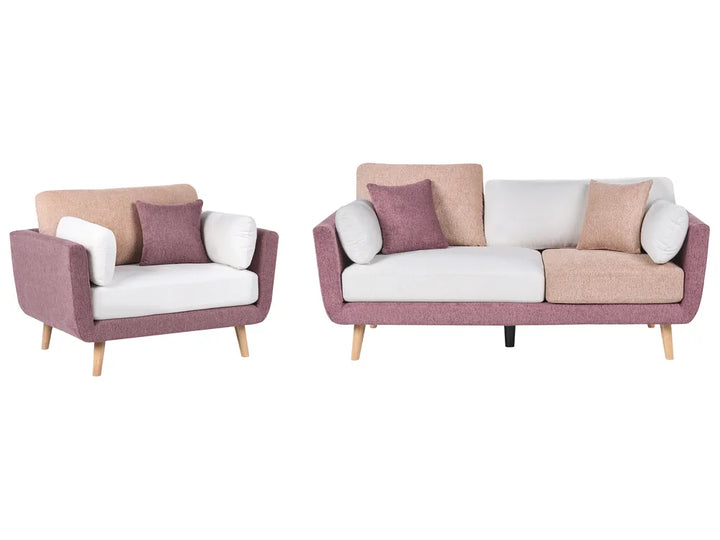 A matching two-piece living room furniture set featuring a loveseat and a three-seater sofa. The furniture has dusty rose purple fabric upholstery, light beige textured cushions, white seat cushions, and light wood legs, shown against a plain white background.
