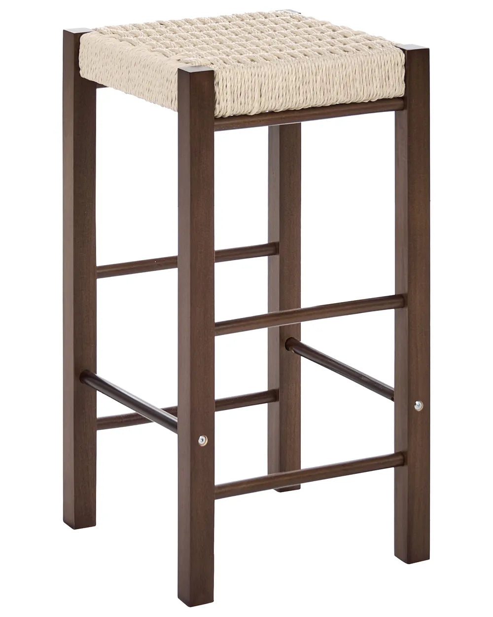 Bar stool with a woven seat on a white background
