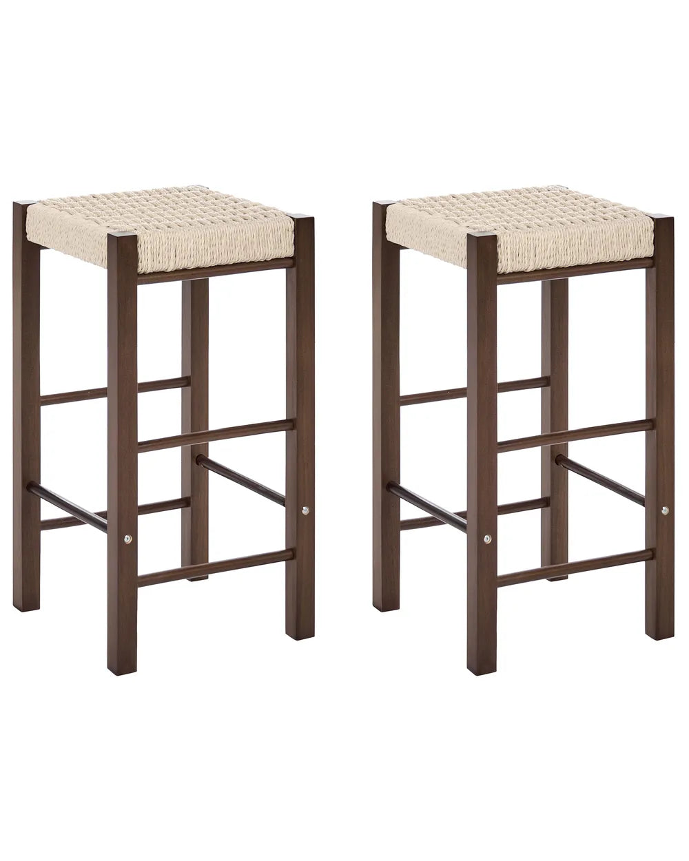 Two matching bar stools with dark brown wooden frames and woven beige rope seats, shown on a plain white background.