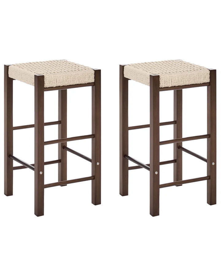 Two matching bar stools with dark brown wooden frames and woven beige rope seats, shown on a plain white background.