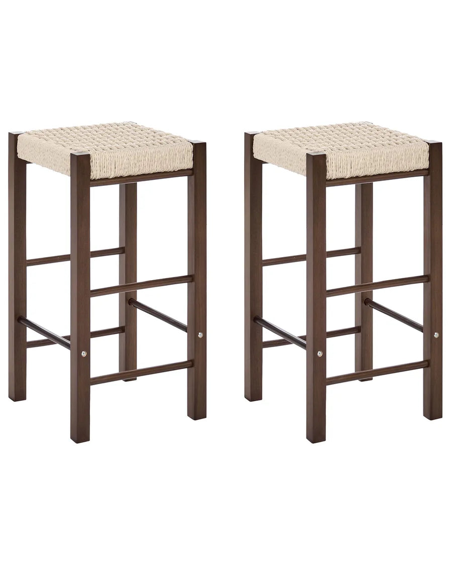 Two matching bar stools with dark brown wooden frames and woven beige rope seats, shown on a plain white background.