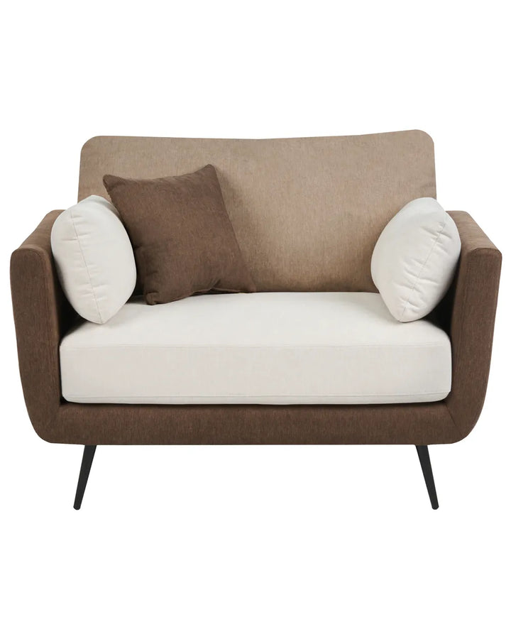 A modern loveseat armchair with a brown upholstered frame and legs, a beige backrest, and cream seat and back cushions, styled with two accent pillows on a white background.