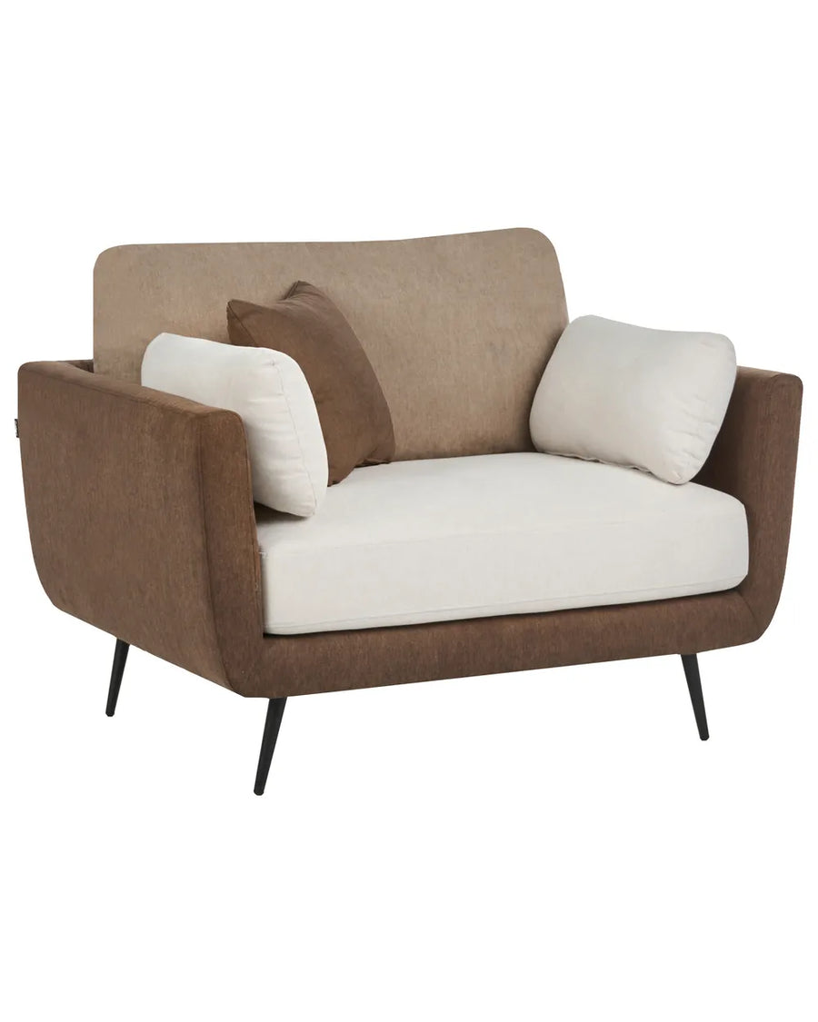 A modern two-seater loveseat armchair with a brown upholstered frame and seat, cream-colored seat cushion and side pillows, and black tapered legs, shown on a plain white background.