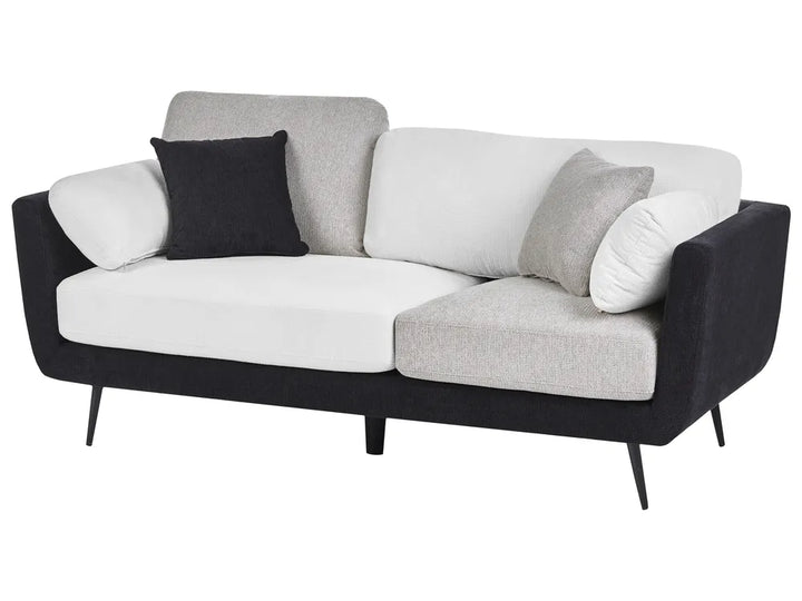 A modern two-seater sofa with a black fabric frame and legs, white seat and back cushions, and light gray textured back and side cushions, styled with two accent pillows on a white background.