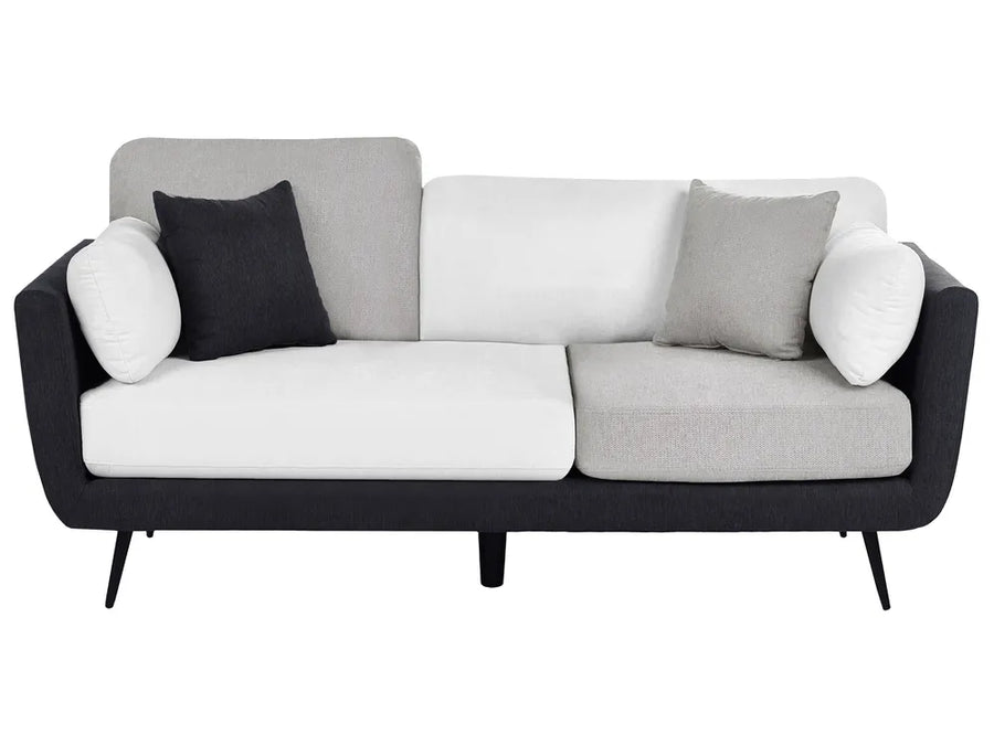 A modern three-seater sofa with a black upholstered frame and legs, featuring white seat and back cushions, light gray back cushions, and two accent pillows in white and light gray, shown against a plain white background.