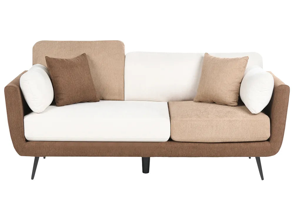 A modern three-seater sofa with a brown upholstered frame and legs, featuring white and beige seat and back cushions, and four decorative throw pillows in white and brown, shown against a plain white background.