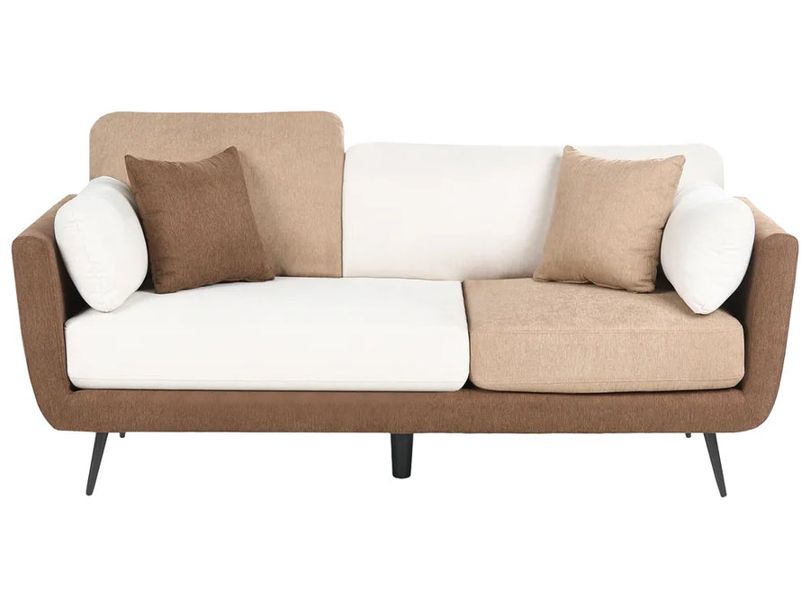 A modern three-seater sofa with a brown upholstered frame and legs, featuring white and beige seat and back cushions, and four decorative throw pillows in white and brown, shown against a plain white background.