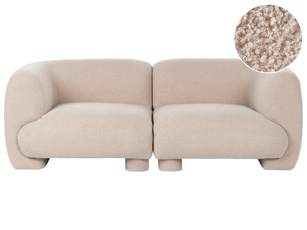 A modern two-seater sofa in a light beige bouclé fabric, shown from a front-facing angle on a white background, with a circular fabric close-up inset in the top right corner.