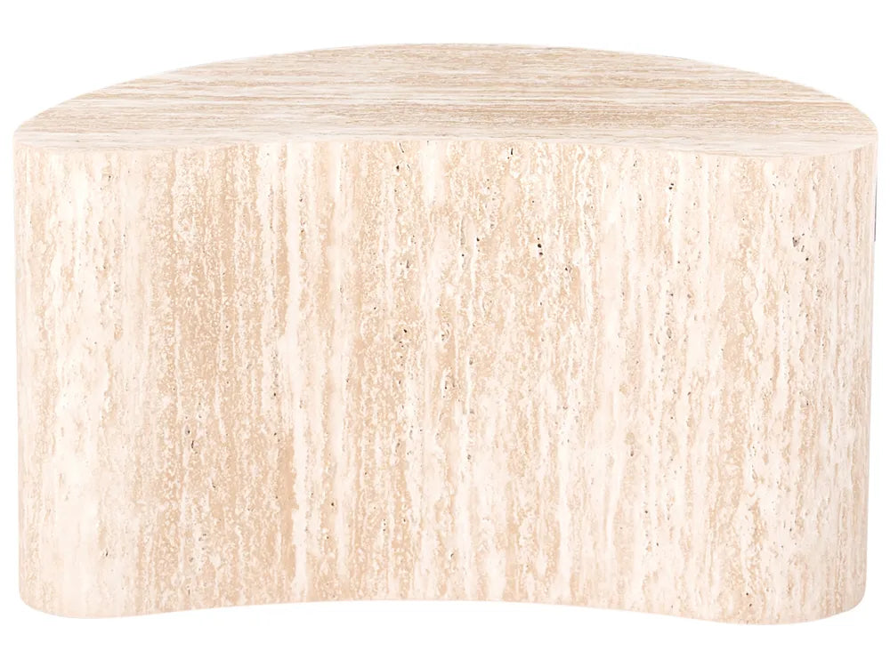 A modern curved side table made of beige travertine stone, showing natural vertical veining and texture, isolated on a white background.