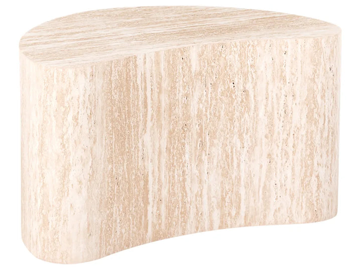 A curved, semi-circular stone side table or stool made of light beige travertine with natural vertical veining, isolated on a white background.
