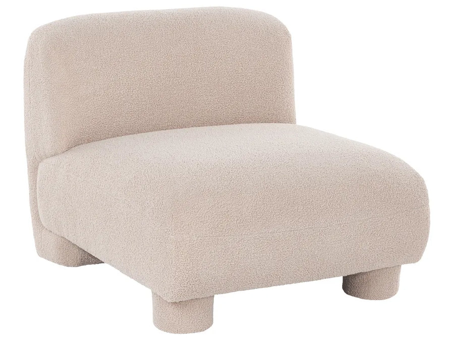 A modern low-profile accent chair upholstered in a textured bouclé fabric in a light beige color, shown against a plain white background.