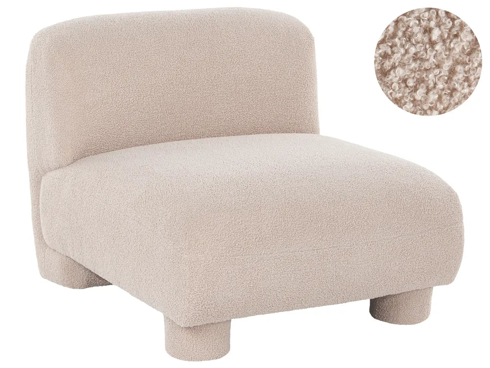 A modern low-profile accent chair upholstered in a textured bouclé fabric in a light oatmeal beige color, featuring a circular inset in the top right showing a close-up of the fabric texture.