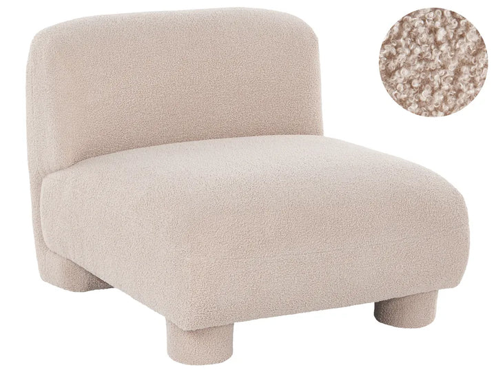 A modern low-profile accent chair upholstered in a textured bouclé fabric in a light oatmeal beige color, featuring a circular inset in the top right showing a close-up of the fabric texture.