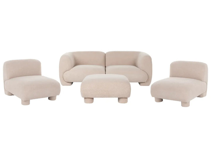 A 4-piece modular lounge set in a light beige bouclé fabric, including a loveseat, two armchairs, and a central ottoman, shown against a plain white background.
