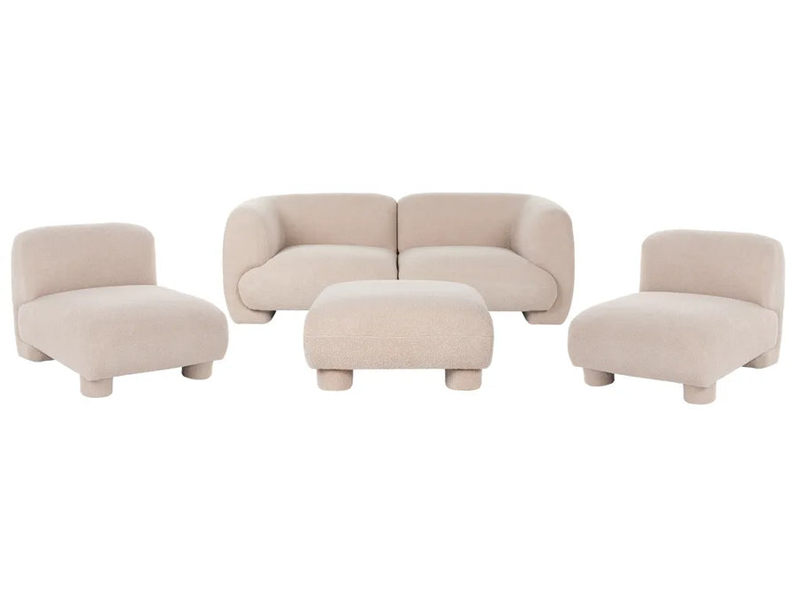 A 4-piece modular lounge set in a light beige bouclé fabric, including a loveseat, two armchairs, and a central ottoman, shown against a plain white background.