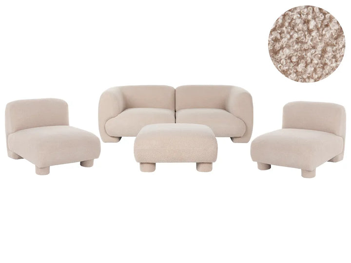 A 4-piece upholstered lounge set in a light beige fabric, including a two-seat sofa, two single-seat armchairs, and a matching ottoman, shown on a white background with a circular fabric texture inset in the top right.