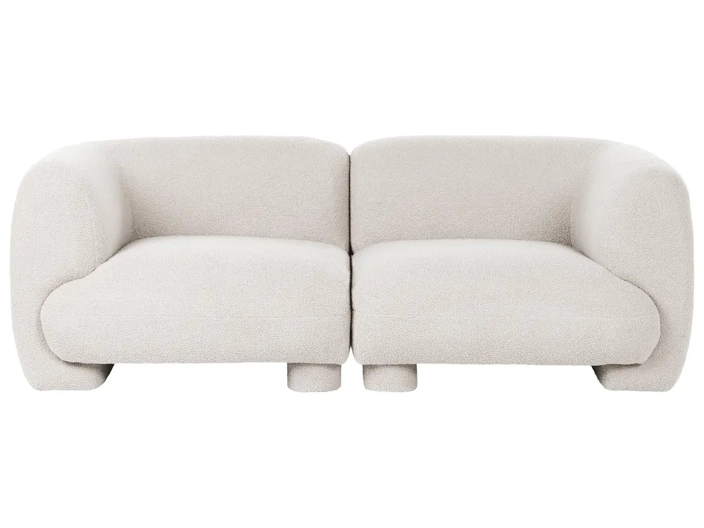 A modern two-seater sofa upholstered in a textured bouclé fabric in a light oatmeal beige color, shown from a front-facing perspective against a solid white background.