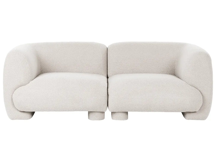 A modern two-seater sofa upholstered in a textured bouclé fabric in a light oatmeal beige color, shown from a front-facing perspective against a solid white background.