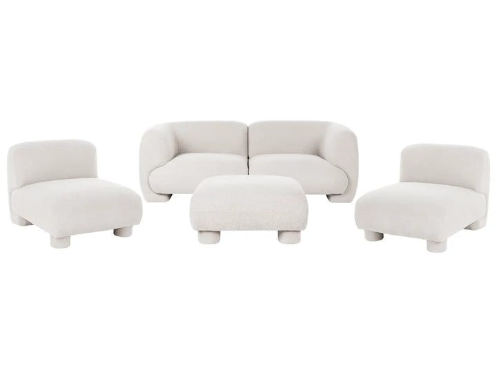 A modern four-piece upholstered furniture set in a warm off-white bouclé fabric, including a two-seat sofa, two single-seat armchairs, and a matching ottoman, arranged on a plain white background.