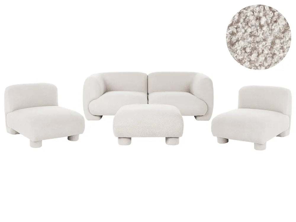 A modern four-piece upholstered lounge set on a white background, featuring a two-seat sofa, two armchairs, and a matching ottoman. A circular inset in the top right shows a close-up of the textured bouclé fabric.