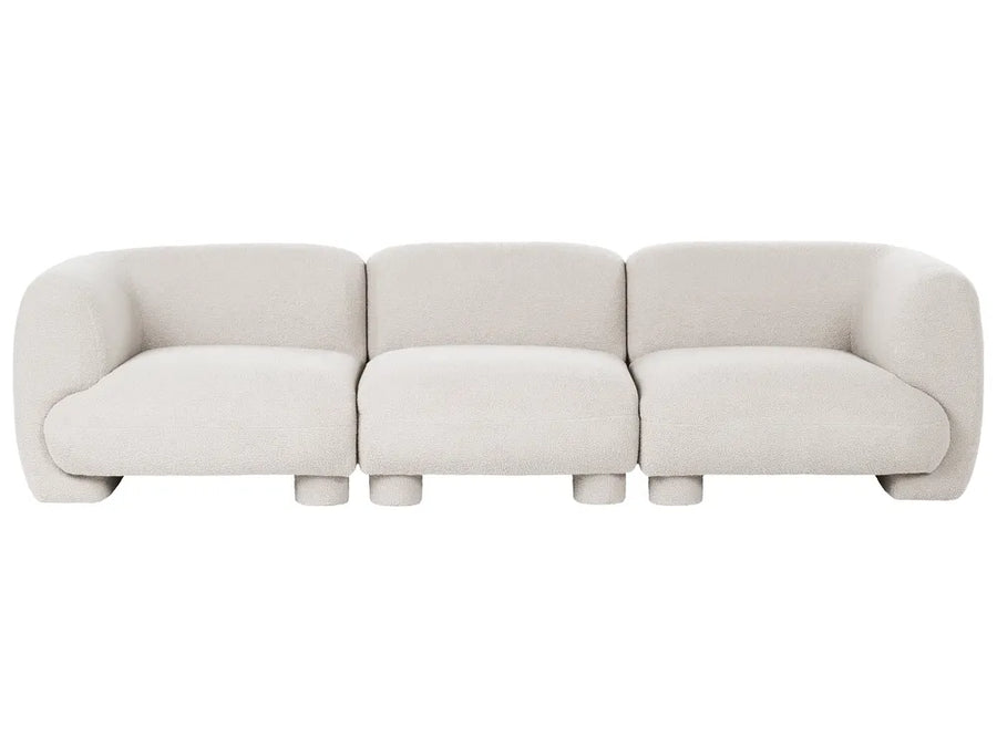 A modern three-seater modular sofa upholstered in a light beige textured fabric, shown from a straight-on perspective against a solid white background.