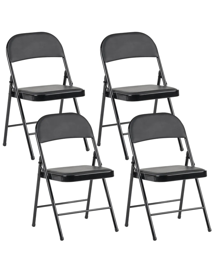 Four black folding chairs arranged in a 2x2 grid on a plain white background.