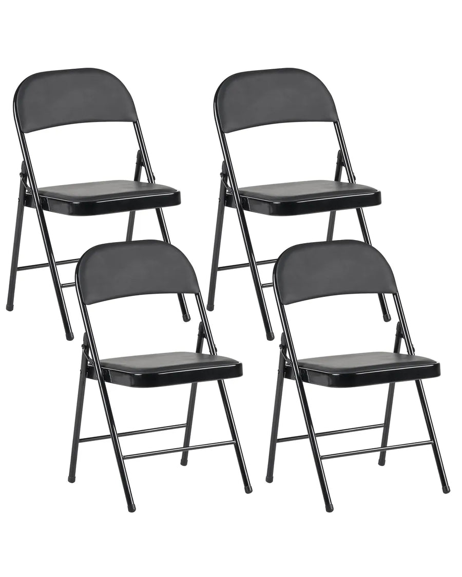 Four black folding chairs arranged in a 2x2 grid on a plain white background.