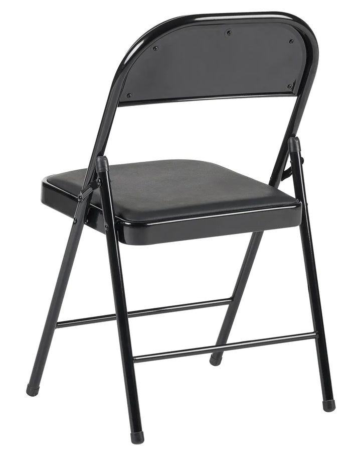 A black folding chair with a padded seat and backrest, shown from a three-quarter angle on a plain white background.