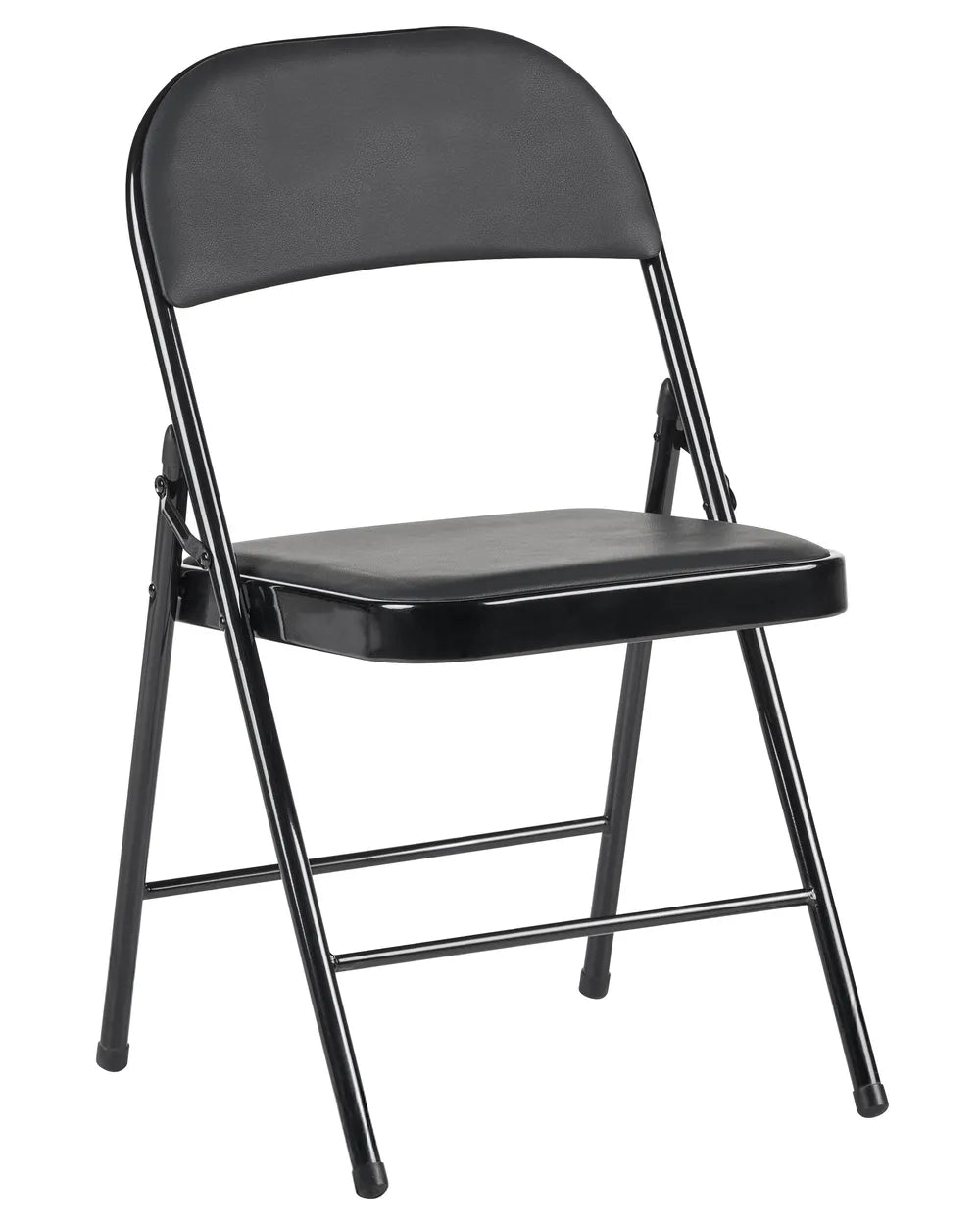 A black folding chair with a padded seat and backrest on a solid white background.